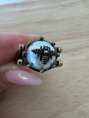 Bee Round pearl Dome Ring in Antiqued Brass